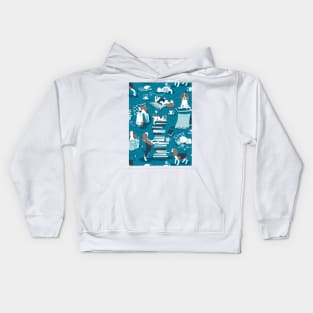 Life is better with books a hot drink and a friend // pattern // turquoise background brown white and blue beagles and cats and aqua cozy details Kids Hoodie